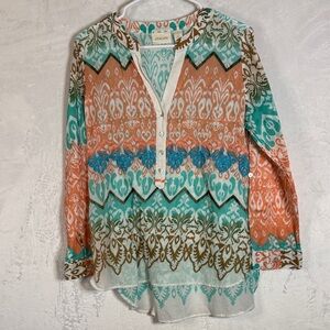 Chico's Embordered Beaded Cotton Pull Over Blouse Medium